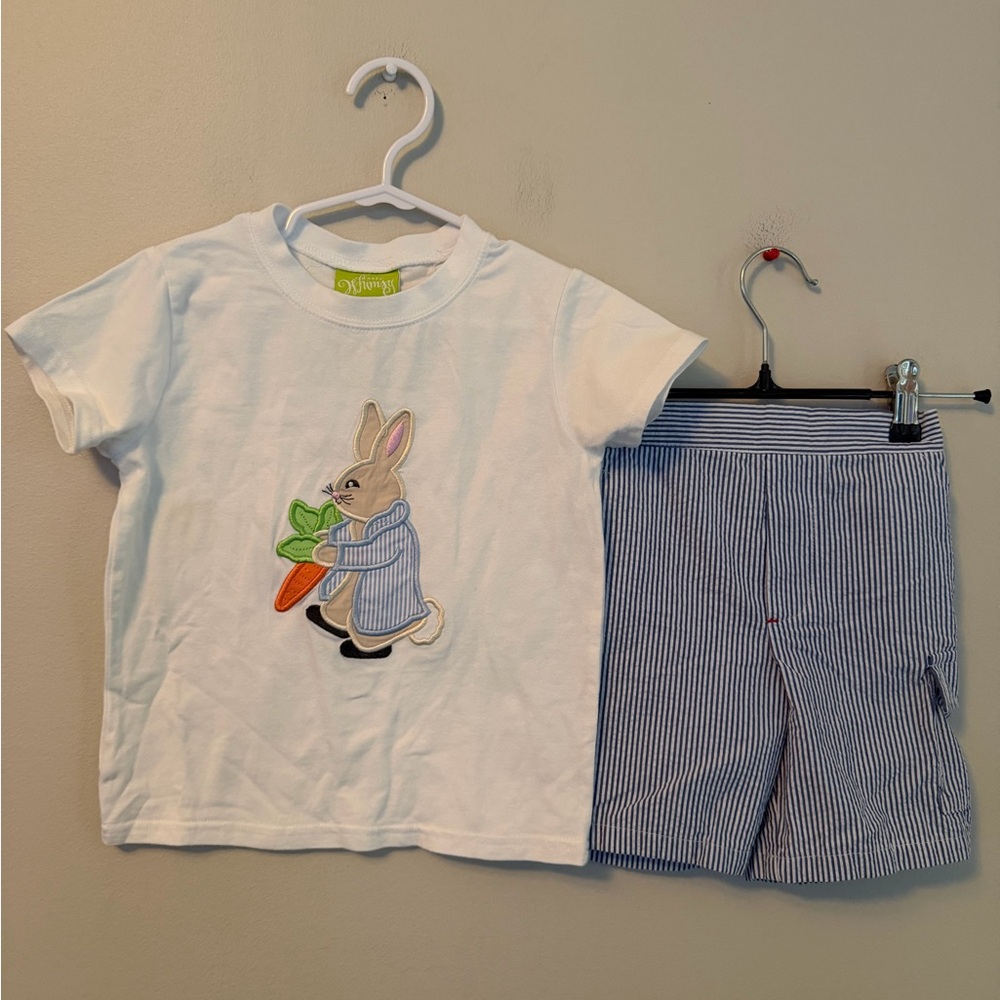 Classic Whimsy White Bunny T-Shirt and Striped Shorts Set